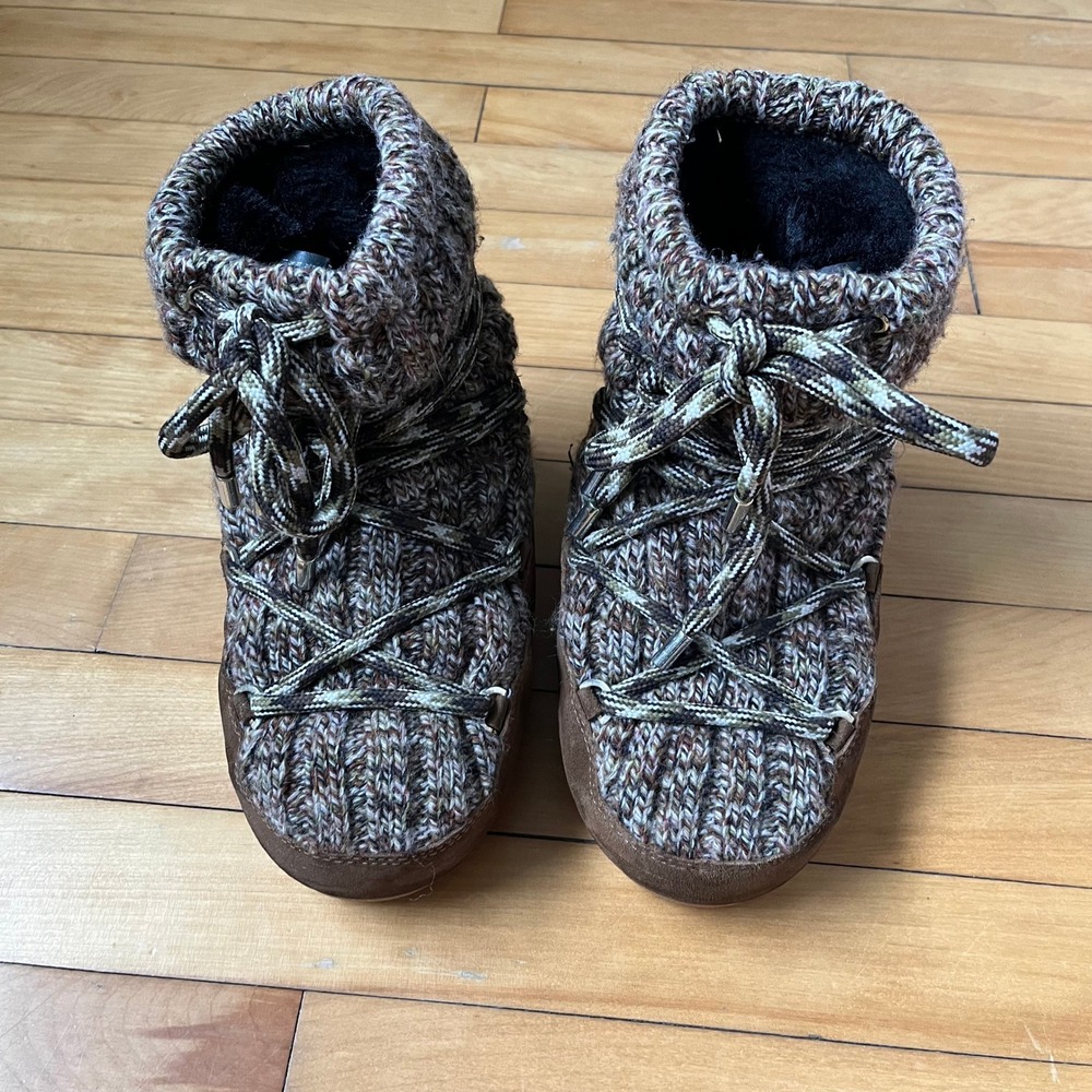Moon Boot Monaco Low Knit Snow Boots Brown Marled Faux Fur Lined US 5/6 EU 37/38